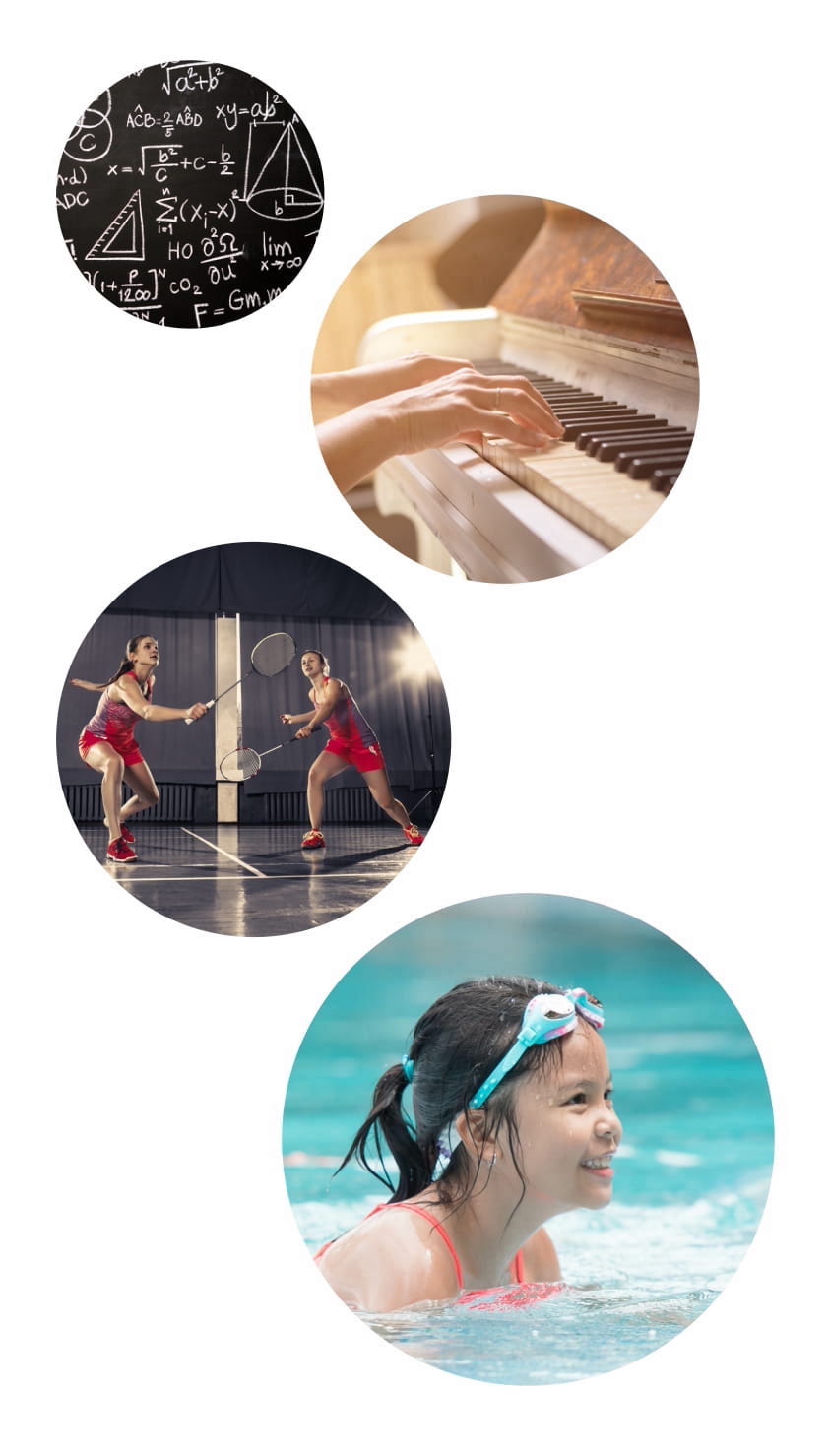 Math, piano, badminton and swimming